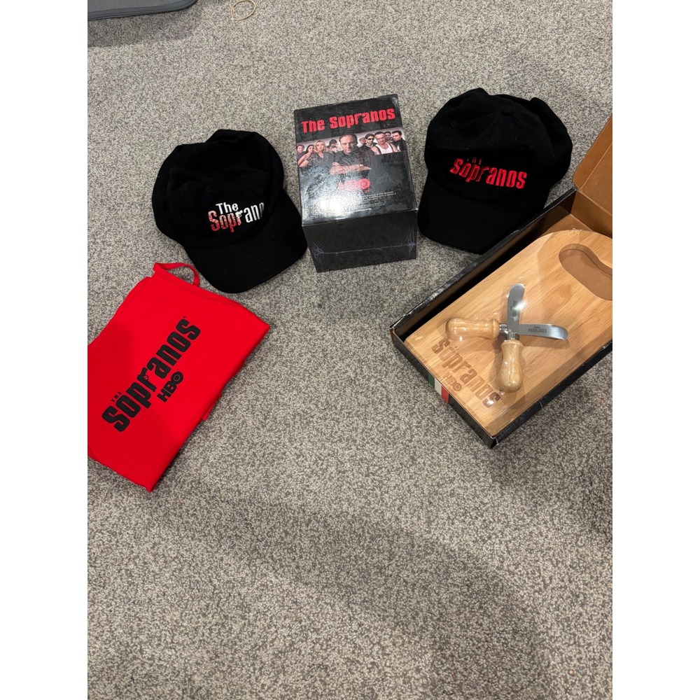 HBO the sopranos promo items, hats, VHS tapes, apron and cutting broad rare